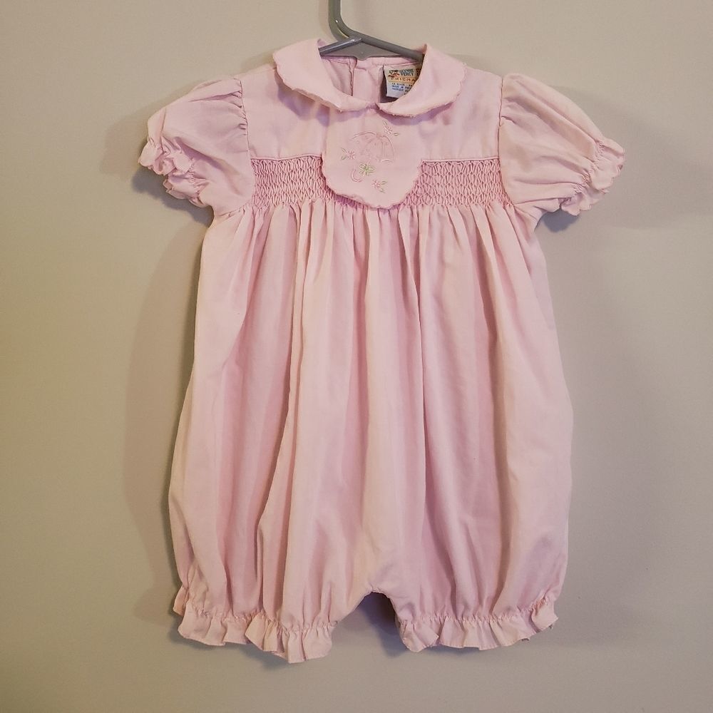GLYNNE PERCY VINTAGE SMOCKED ROMPER PINK EMBROIDERY HOT AIR BALLOON 12 MONTHS